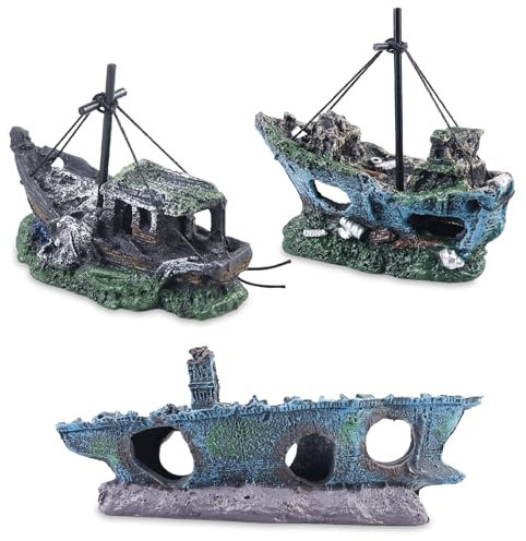 WIYETY 3 Stück Aquarium Schiffswrack Dekorationen - Piratenschiff, Harz Boot Ornament für Aquarien
