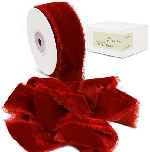 Cinta de terciopelo rojo para envolver regalos, 1 1/2 pulgadas, 5 yardas, tela de seda hecha a mano con borde deshilachado para ramo de flores, adornos de árbol de Navidad, lazo para el pelo, boda