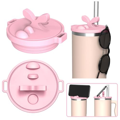 DeryArcle Stanley Lid Replacement 40 oz, Multifunctional Replacement Cup Lid for Stanley, Mobile Phone Bracket Spill Proof Tumbler Covers Lid Holder Reusable (Pink)