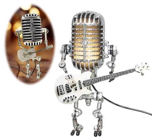 HTU Vintage Mic Rockbot 2024 Vintage Microphone Guitar Robot Lamp, Music Gifts for Men Vintage Light Home Decor Nightstand Desk Lamp for Bedroom