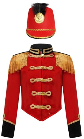 Fldy Kinder Blaskapellen Outfit Trommelmajor Uniform Schlagzeug Hut Und Langarm Blazer Set Halloween Fasching Festival Performance Kleidung Rot 134-140