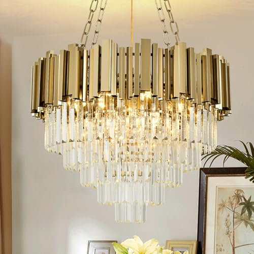 AOOCHOK Modern Crystal Chandelier Gold Pendant Light Fixtures, Round Crystal Pendant Lighting for Dining Room, Living Room, Bedroom, Restaurant, E14 x 8, Φ60cm