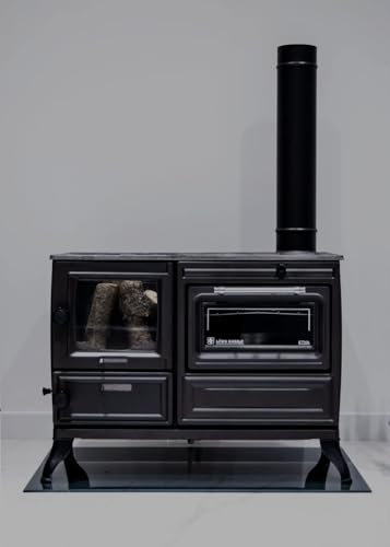 Küchenofen Holzofen Kaminofen mit Backfach und großer Herdplatte 12 kW Nennwärmeleistung Kamin Ofen aus Gusseisen Holzherd Keramikglas