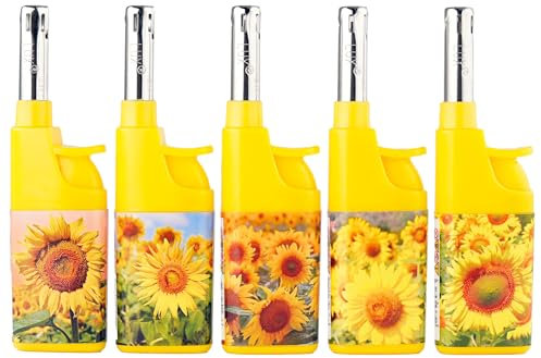 Stabfeuerzeug 10,5cm farbig 5er Pack Leichtbedienung Seniorengerecht Anzünder BBQ (Sonnenblumen)