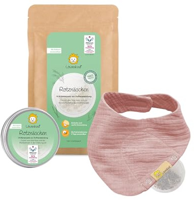 LÖWENKIND Rotznäschen-Set für die Erkältungszeit bei Babys und Kindern | Natürliche Kräuterpads ohne Zusatz ätherischer Öle Ab Geburt anwendbar Von Hebammen empfohlen 75 Tage Anwendung (Altrosa)