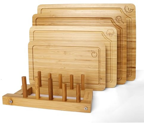 Lot de 4 planches à découper en bambou pour la cuisine, planche à découper en bois durable avec rainure à jus, parfaite pour la charcuterie ; coupe sans effort de la viande, des légumes, du pain