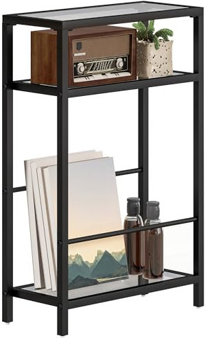 HOMCOM Beistelltisch Kleiner Couchtisch mit 3 Ebenen, Tischplatte aus Hartglas, Modernes Nachttisch Sofatisch mit Stahlrahmen für Wohnzimmer, Schlafzimmer, Schwarz