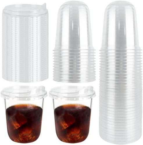 YEXEXINM 50 Pcs 16 Oz Reusable Clear Plastic Cups, Strong Takeaway Cups with Strawless Sip Lids, Round Bottom Togo Cup for Smoothies Milkshake Iced Tea Coffee Cup for Party Catering BBQ