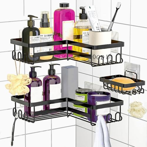 Xinxinphi 3 Pièces Etagère Douche Angle avec Porte Savon & Crochets, Support Auto-adhésif sans Percage pour Nettoyant Shampoing, Accessoire Salle Bain & Cuisine pour Rangement & Organisation (Noir)