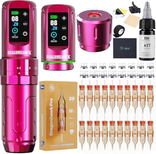 Dragonhawk L3 Kit Machine À Tatouer Sans Fil, 7 Courses, 2 Batteries | Rotative, Batteries 2000mAh, Connexion RCA, Aiguilles De Tatouage Pour Débutant, Rose