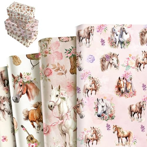 4 Bögen Pferde Geschenkpapier Weihnachten, Kinder Geburtstag mit Pferderennmotiv, Pferde Geschenk Geschenkpapier für Pferdeliebhaber Pferde Geburtstag Mädchen Jungen 50×70 cm