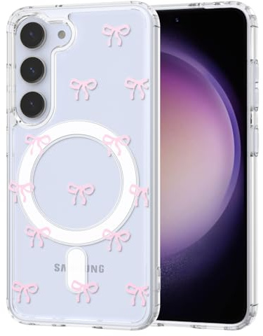 TVVTPU Magnetisch Hülle für Samsung Galaxy S23 Kompatibel mit MagSafe, Aesthetic Schleifen Muster Handyhülle Nie Vergilbung Dünne Transparent Hard PC Rückseite Stoßfester Kratzfest Case, Rosa