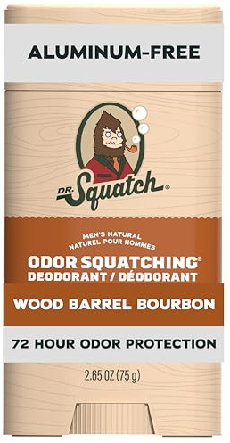 Dr. Squatch Natural Men’s Deodorant – Aluminium Free Natural Deodorant For Men with Charcoal & Postbiotics for 72-Hour Odor Protection – Wood Barrel Bourbon, 75g Stick (1-pack)
