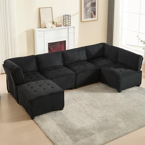 FammyLoft Modulares Sofa 6-Sitzer-Sofa, Ecksofa mit Schlaffunktion, Flexibel Sofa l/U Form mit Stauraumtaschen, Cloud Couch, Stabile Holz- und Metallstruktur, Ergonomisch, 308cm, Cordstoff, Schwarz