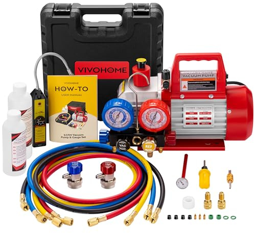 VIVOHOME Kit Pompe à Vide 142L/min Pompe à Vide Monostage | Manomètres Bouteille d'Huile Détecteur de Fuites et Sac de Transport, pour Service et Charge de Climatisation HVAC Automobile