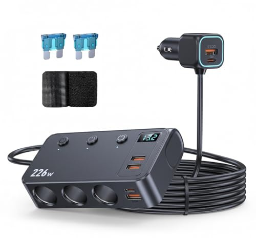 KEEDIN 226W Auto Ladegerät Zigarettenanzünder Verteiler, 9-in-1 Multiport Auto Stromadapter mit 3 Steckdosen, Dual PD USB-C, 4 USB Anschlüssen, LED-Spannungsanzeige,für 12V–24V Fahrzeuge USB Charger