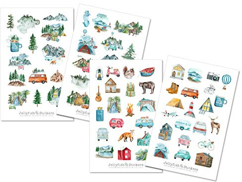 4 Stickerbögen Wandern Sticker Set - 69 Aufkleber - Journal Sticker, Planer Sticker, Aufkleber, Natur, Berge, Wald, Tiere, Fuchs, Camping, Reisen, Urlaub, Aquarell, niedlich, bunt