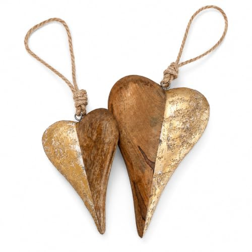 Holzherzen Deko 2er Set – Fensterdeko Wanddeko aus Mangoholz mit Gold | Herzanhänger zum Hängen, Boho Landhaus Stil, ideal als Türdeko & Hängedeko, ganzjährig einsetzbar