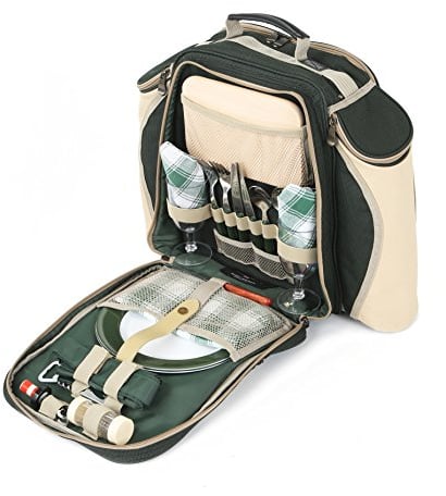Greenfield Collection 2 Person Deluxe Picnic Set Rucksack; Picnic Hamper Includes Cutlery Set; Perfect Waterproof Coolbag Backpack for Outdoors - Forest Green