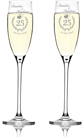 polar-effekt 2 Sektgläser mit Gravur Hochzeitsgeschenke mit Namen, Datum Jubiläumskranz Sektkelche Geschenk-Idee zur Silberhochzeit, Goldhochzeit, Jubiläu