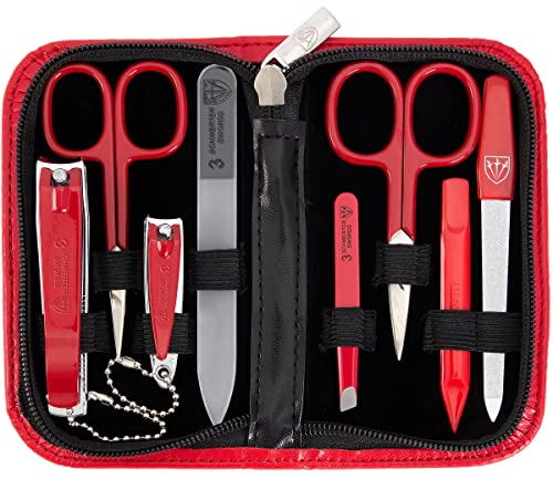 DREI SCHWERTER Markenqualität Nagelpflegeset 'Emilia' 8-tlg. Maniküre Pediküre Reise Pflege Set Nagelset Nagelnecessaire, attraktives rotes Kunstlederetui