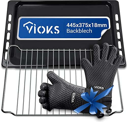 VIOKS Email 481241838128 - Teglia da forno con griglia in acciaio inox, 45 x 34 cm, ricambio per Bauknecht 481241838128 con 2 guanti da forno in silicone per forno