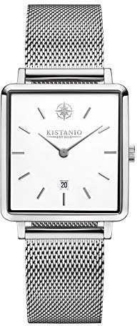 Kistanio Carre Damenuhr mit Milanaiseband Datum Edelstahl Weiß Saphirglas CAR-SI-WH-M