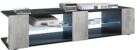 Vladon Lowboard Movie V2, TV-Kommode mit 6 offenen Fächern und Zierleisten, Schwarz matt/Beton Oxid-Optik, inkl. LED-Beleuchtung blau (134 x 29 x 39 cm)