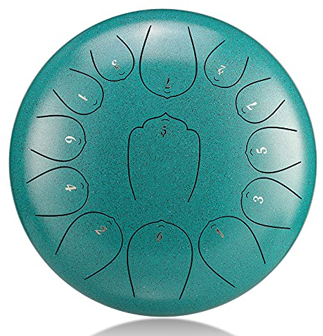Tongue Drum, Zungentrommel Schlagzeug Instrument, Steel Pan Töne Schlaginstrument Hand Pan Drum mit Trommelschlägeln Tragetasche Note Sticks für Yoga Klangheilung Meditation (12 Zoll 13 Töne, Grün)