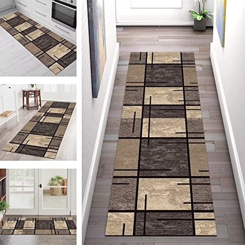 Teppichmatte Korridor Teppich Flur Läufer Dunkelbraun Küche rutschfest Teppichläufer 90X400CM Küchenläufer Waschbar Anti-Rutsch, Tepiche für Wohnzimmer Schlafzimmer Esszimmer Küchenteppich Meterware