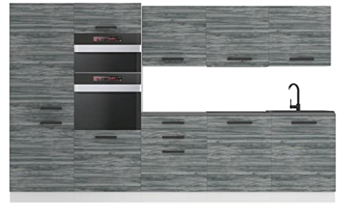 Belini Küchenzeile Küchenblock Grace - Küchenmöbel 300 cm Einbauküche Vollausstattung ohne Elektrogeräten mit Hängeschränke und Unterschränke, mit Arbeitsplatten, Glamour Wood