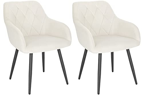 WOLTU 2er Set Esszimmerstühle mit Armlehne Rückenlehne, für Esszimmer Wohnzimmer Küche, Bequeme Küchenstühle gepolstert mit Samtbezug, Metallbeinen, Cremeweiß