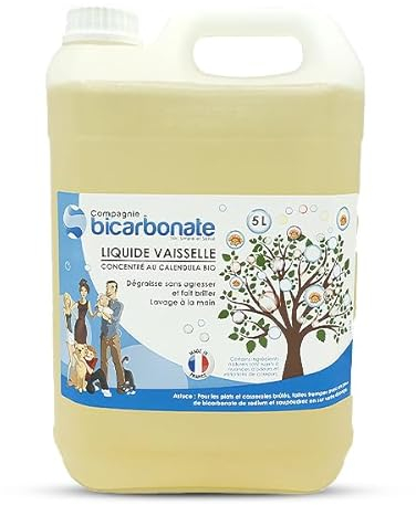 La Compagnie du Bicarbonate - Liquide Vaisselle Bio Calendula - 5 L - Dégraisse et Fait Briller - Vaisselle, Eau Florale de Calendula Bio Lavande, Verveine Exotique - Sans Paraben