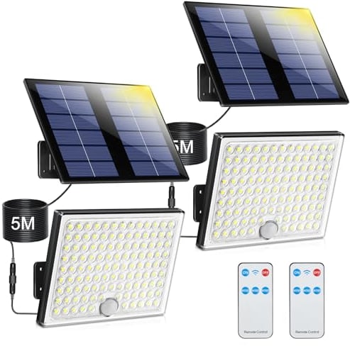 Solarlampen für Außen mit Fernbedienung,Außenlampe mit bewegungsmelder,IP65 Wasserdichte Solarleuchte mit 5m Kabel für Garage, Garten, Hof, Stufen, Haustüren, Rasen - 2 Stück