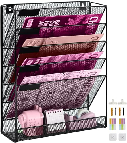 ideallife 6 Fächer Zeitschriften Wandhalter aus Metall, Zeitschriftenhalter Wand, Prospektspenderset und Wandablagefächer für Büro Organizer & Ablage, Schwarz