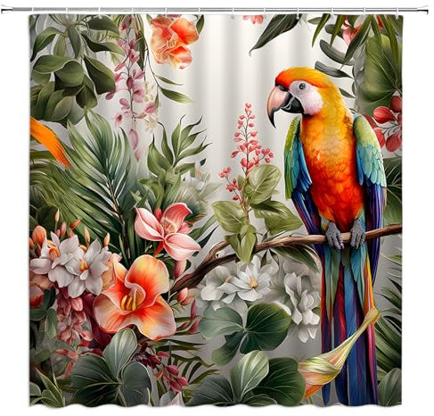 ASVEAS Papageien-Duschvorhang, Blume, tropische Pflanzen, Blätter, botanischer Vogel, Sommer, Stoff, Badezimmer-Dekor-Set mit Haken, 178 cm B x 178 cm H