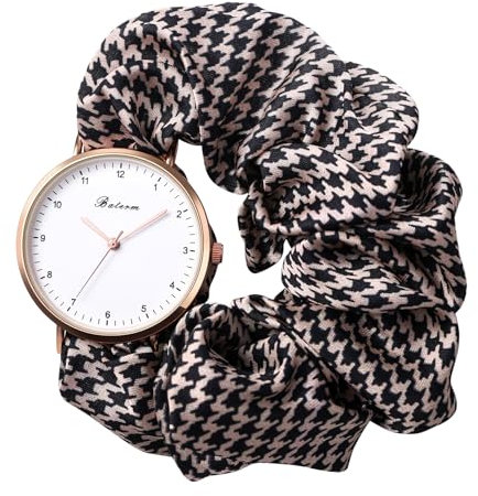 JewelryWe Damenuhr Elastisch Haarband Uhr: Damen Braun Hahnentrittmuster Analog Quarz Armbanduhr Multifunktionale Lässige Uhr mit Haargummi Stretch Armband Geschenk für Frau Mädchen