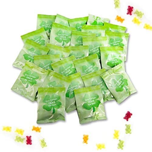 Glücksbringer Fruchtgummi Tütchen, 50 Stück: eine Portion Glück Für Silvester & Neujahr, kleines Geschenk Abi, Süßigkeit, 7 x 9 cm