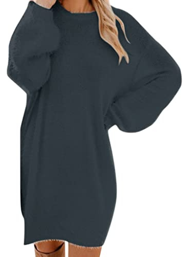 Pullover Damen Oversize Longpullover - Herbst Winter Pulloverkleid Lang Lose Strickkleid Damen Lässig Modische Wollkleid Knielang Dresses Langarm Warme Pullis Rundhals Elegante Winterkleid