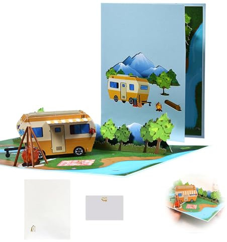 Pop Up Karte Karawane, 1 Stück 3D RV Traveler Grußkarte, Pop-Up Karte Camping mit Wohnwagen, Geburtstagskarte mit Pop Up Wohnmobil für Campingplatz Reise