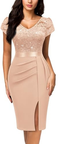 MIUSOL Women's Vintage Floral Lace Sequin V-Neck Split Ruched Business Party Cocktail Formal Wrap Pencil Dress (Medium, Champagne)