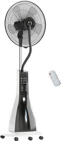 HOMCOM Ventilateur brumisateur sur roulettes 90 W, ventilateur sur pied 125 cm avec télécommande, minuterie, oscillation à 75°, tête inclinable, 3 vitesses, réservoir d'eau de 3L, noir et blanc