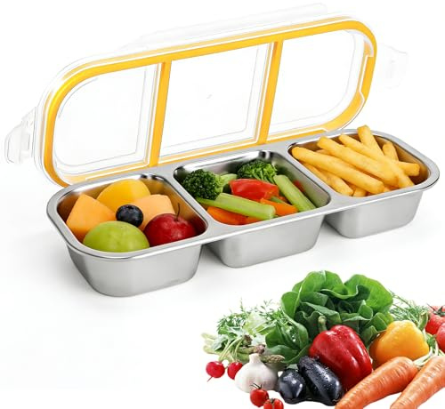 Contenitore per Snack in Acciaio Inox (3 Scomparti), 600ML, Lunch Box con Posate, Contenitore per Snack a Prova di Perdite con Coperchio, per Scuola, Viaggi e Uso Quotidiano