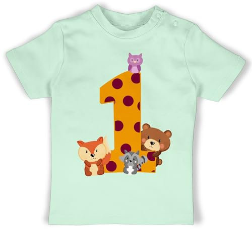 Baby T-Shirt Mädchen Jungen - 1. Geburtstag - Eins Waldtiere - 18/24 Monate - Mintgrün - geburtstagsoutfit Junge 1 Jahr geburtstagsshirt one einjährige 1st Tshirt Clothes for Boy Year