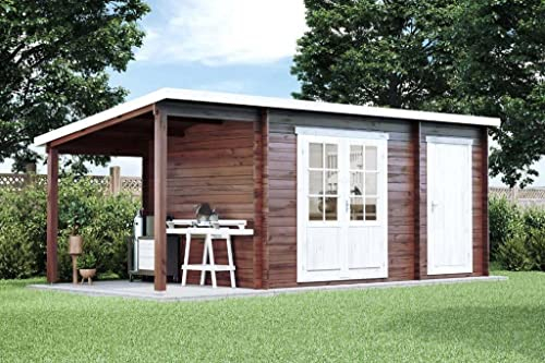 Alpholz Gartenhaus Maria mit Anbau aus Massiv Holz | Gerätehaus mit 40 mm Wandstärke | Garten Holzhaus inklusive Montagematerial | Geräteschuppen 450 x 250 + 150 cm | Pultdach