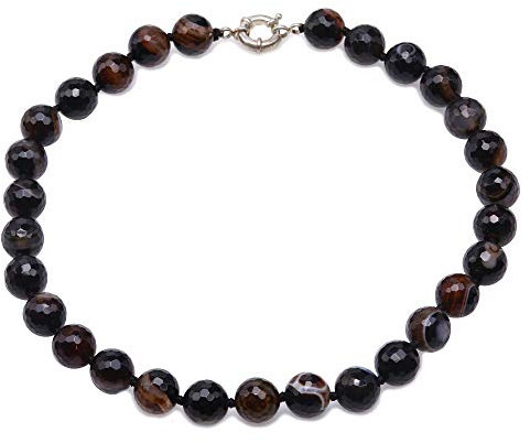 JYX Achat Collier Edelstein Anhänger Halskette Natürliche 14mm Rund Facettiert Schwarz Achat Halskette für Männer, Frauen 48 cm