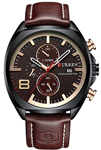 Herren-Armbanduhr mit Lederband, klassisch, lässig, Edelstahl, wasserdicht, Chronograph, Datum, analog, Quarzuhr (Schwarz/Gold), Schwarz/Gold, Classic