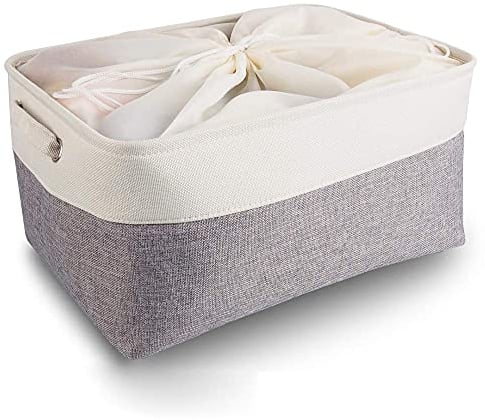 Mangata Large Canvas Storage Box Fabric Storage Basket with Handles & drawstring for Cupboards, Shelves, Clothes, Toys (Foldable, Grey White)
