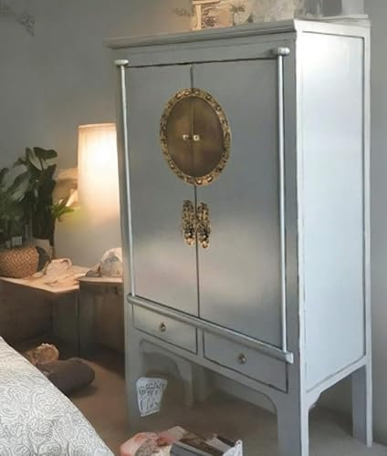 OPIUM OUTLET Chinesischer Hochzeitsschrank Schrank Kommode China asiatisch orientalisch Vintage Shabby-chic Stil Kleiderschrank Holz massiv 2 Türen 2 Schubfächer (grau)