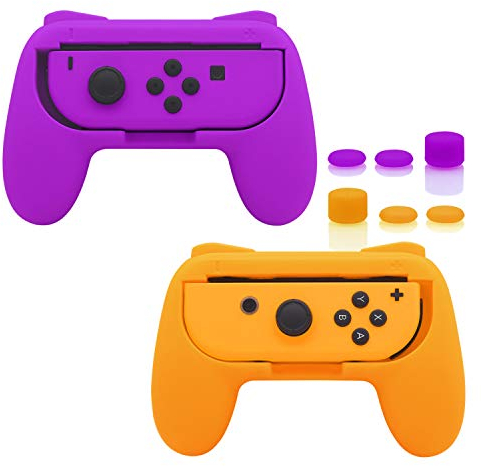 FASTSNAIL Gummierte Griffe Kompatibel mit Nintendo Switch für JoyCon, Halterung Gaming Controller Kompatibel mit Switch OLED, mit 3 Paar Daumengriffen(Lila+Orange)
